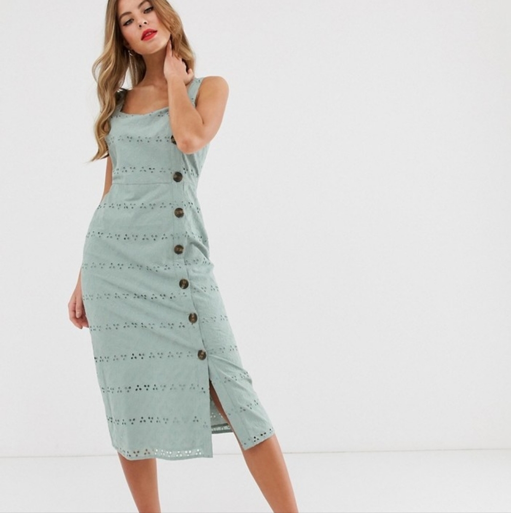 New! ASOS Asymmetrical Palm Tree Sage Green Button down Dress Size 4